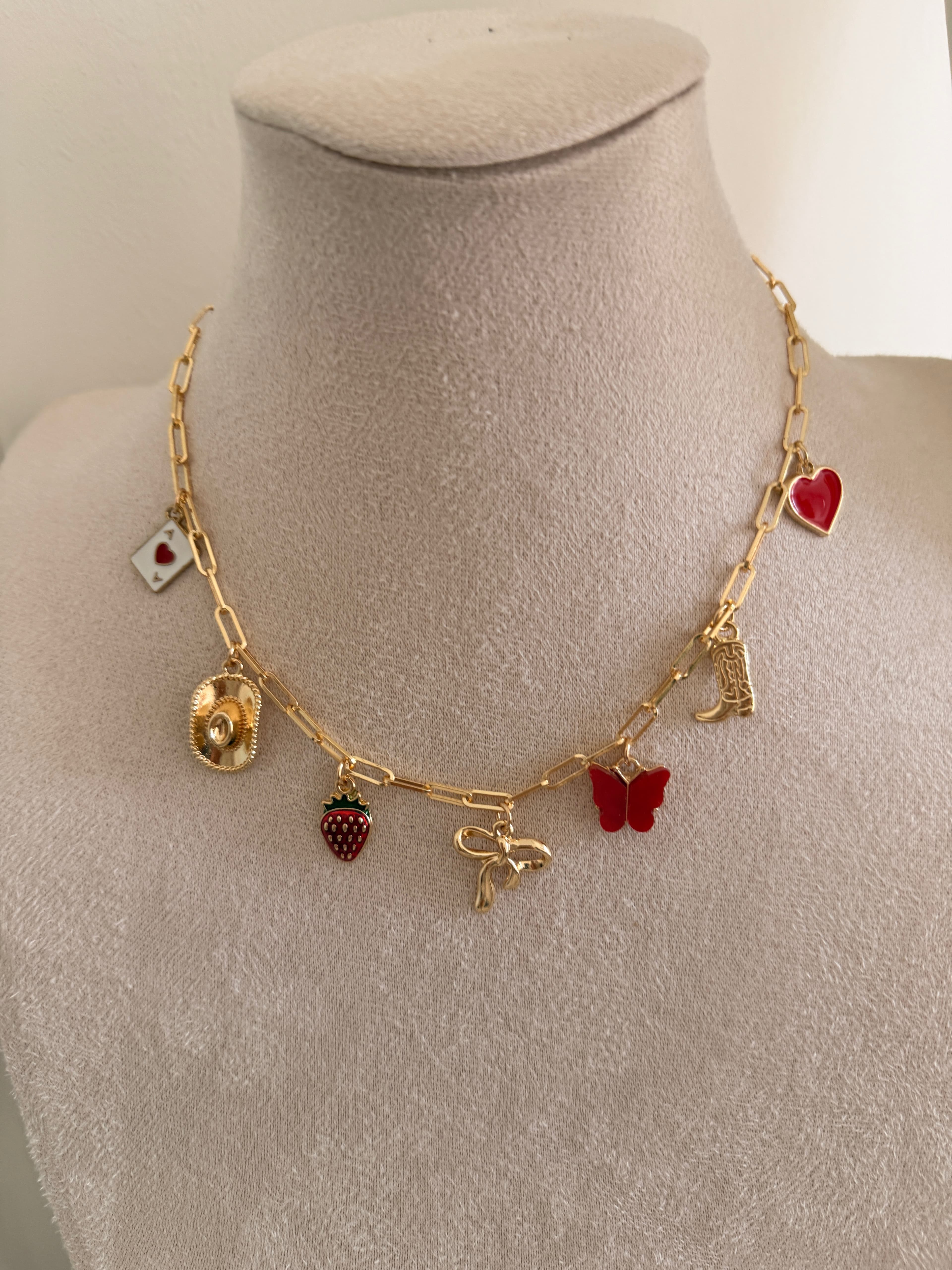 Gold Paperclip Chain Multi-Charm Necklace with Cowboy Boot & Strawberry