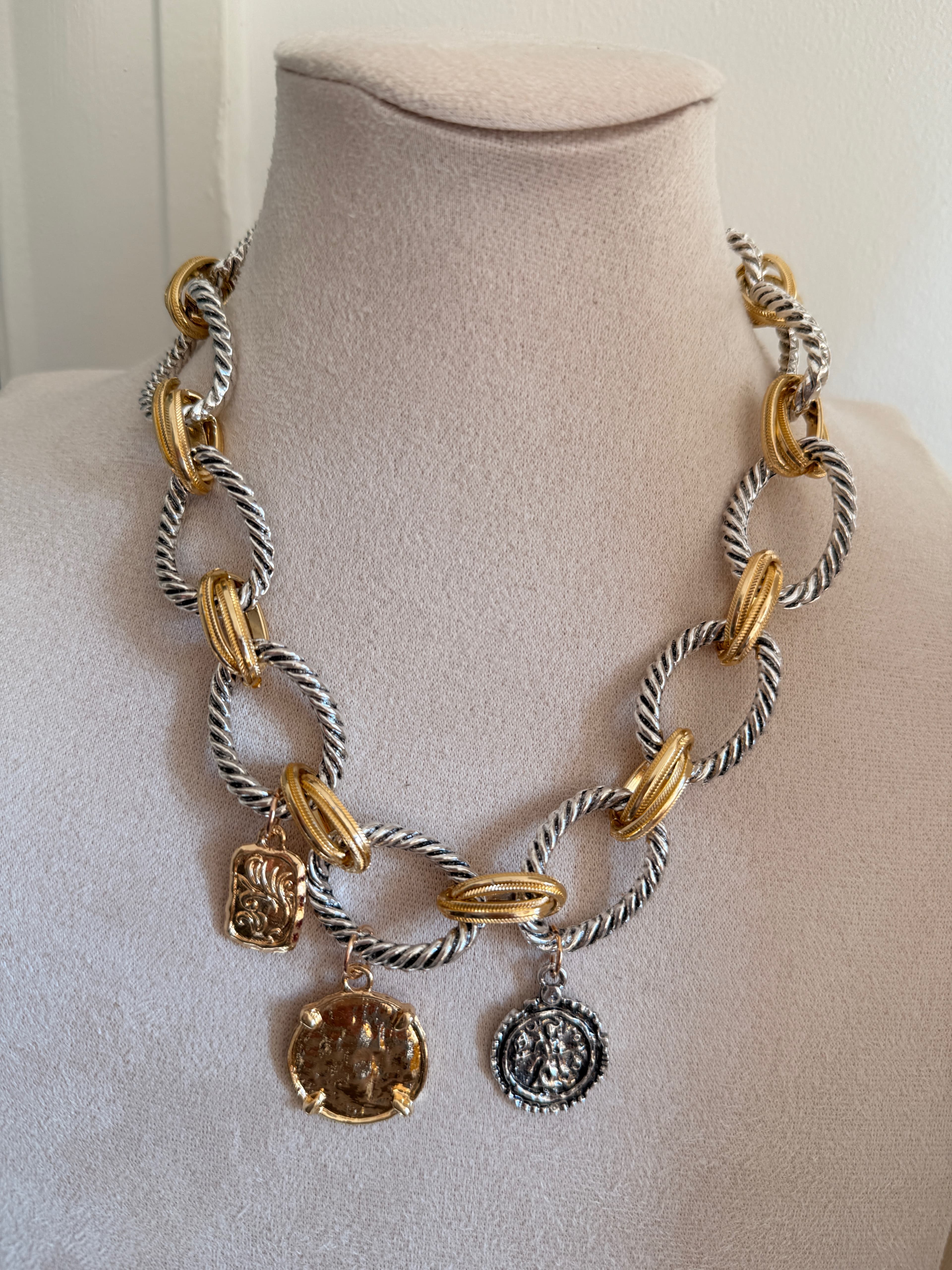 David Yurman Style Two-Tone Cable Link Charm Necklace